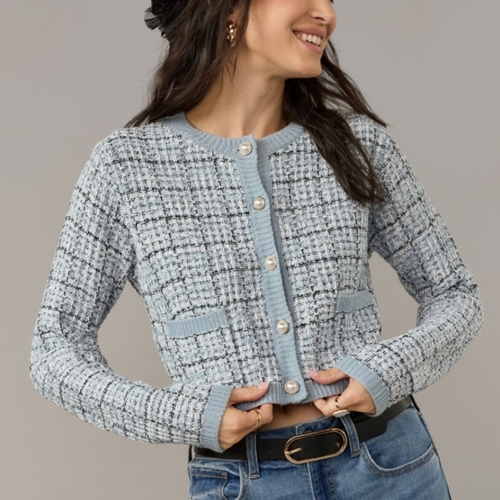 Francesca’s Stella Pearl Button Tweed Cardigan
